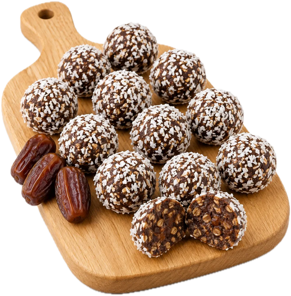 Kakaové kuličky obalené v kokosu, jedna rozkrojená